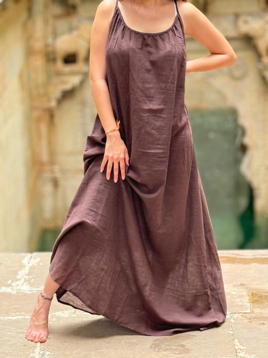 Linen Solid Long Dress Cacao (Dark brownish purple)