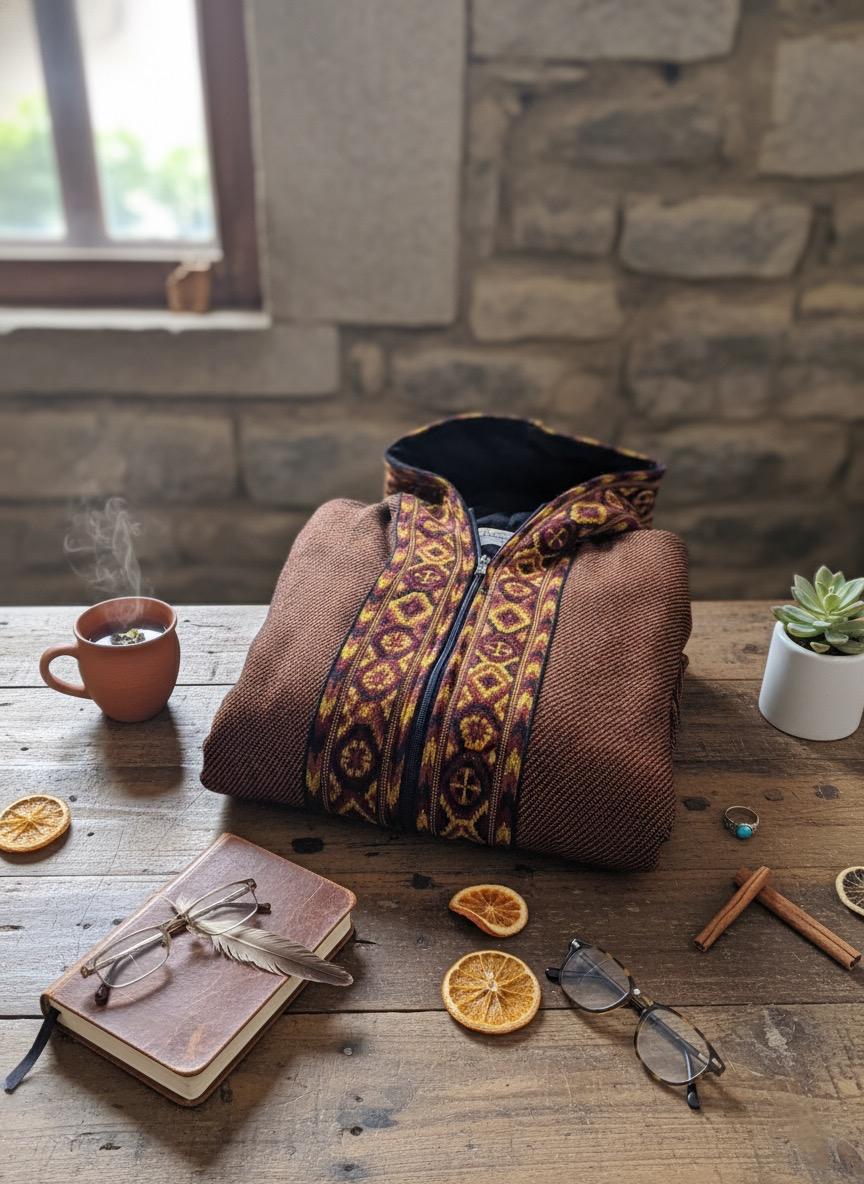 Boho Embroidered Cotton Jacket | Handmade Winter Wear | Rustic Brown