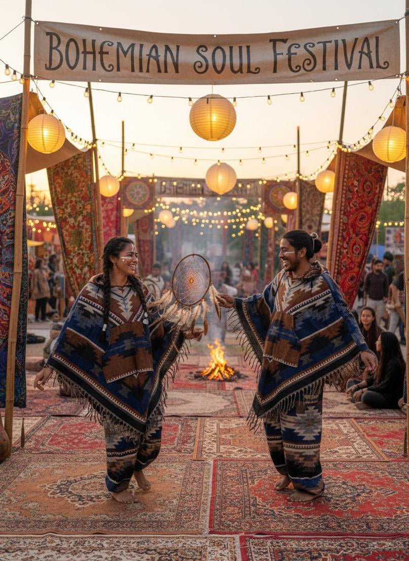 Aztec Horizon - Unisex Tribal Print Woolen Poncho Co-ord Set