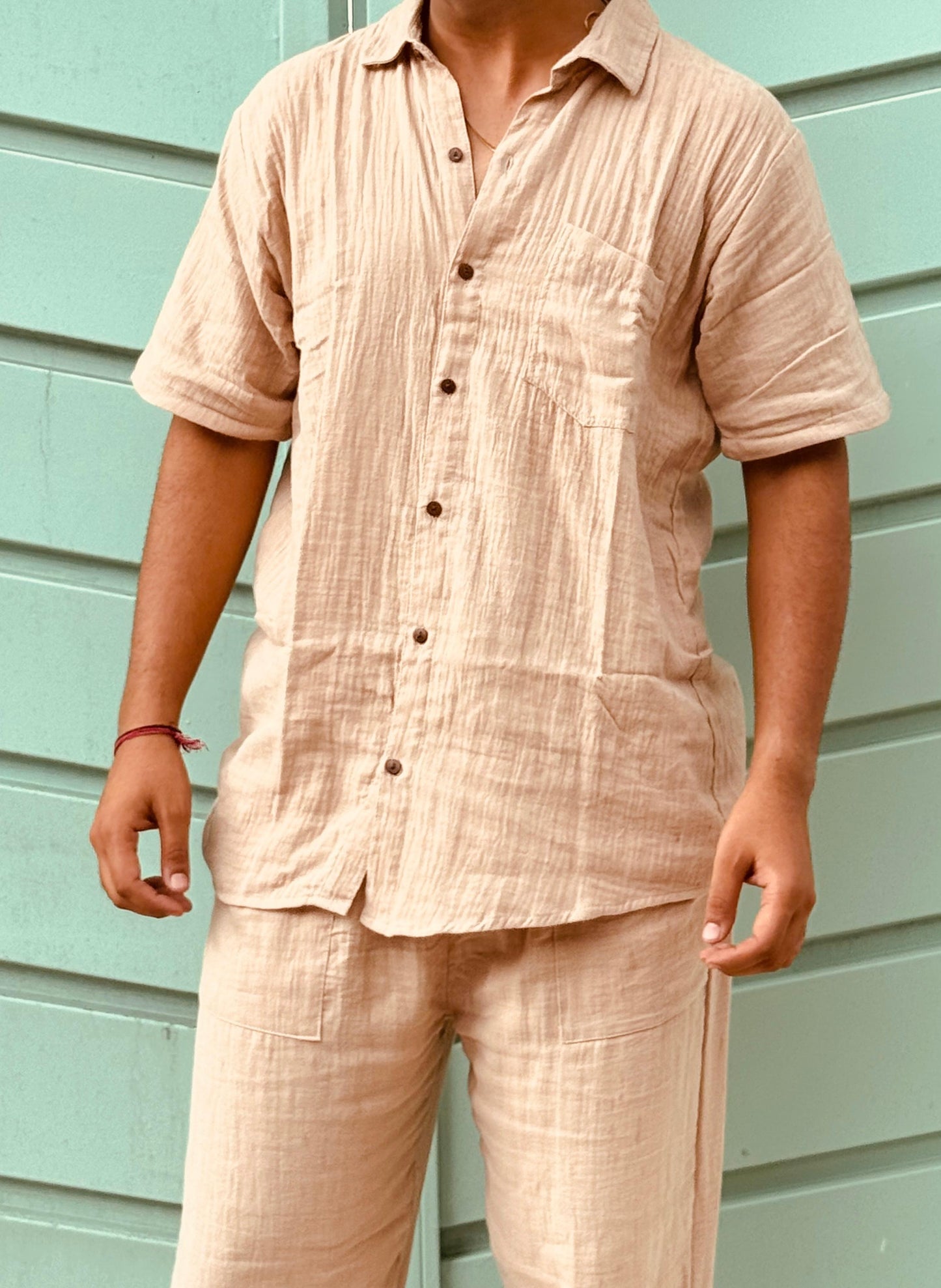 Double Gauze Cotton Men’s Co-ord Set – Beige (One Size)