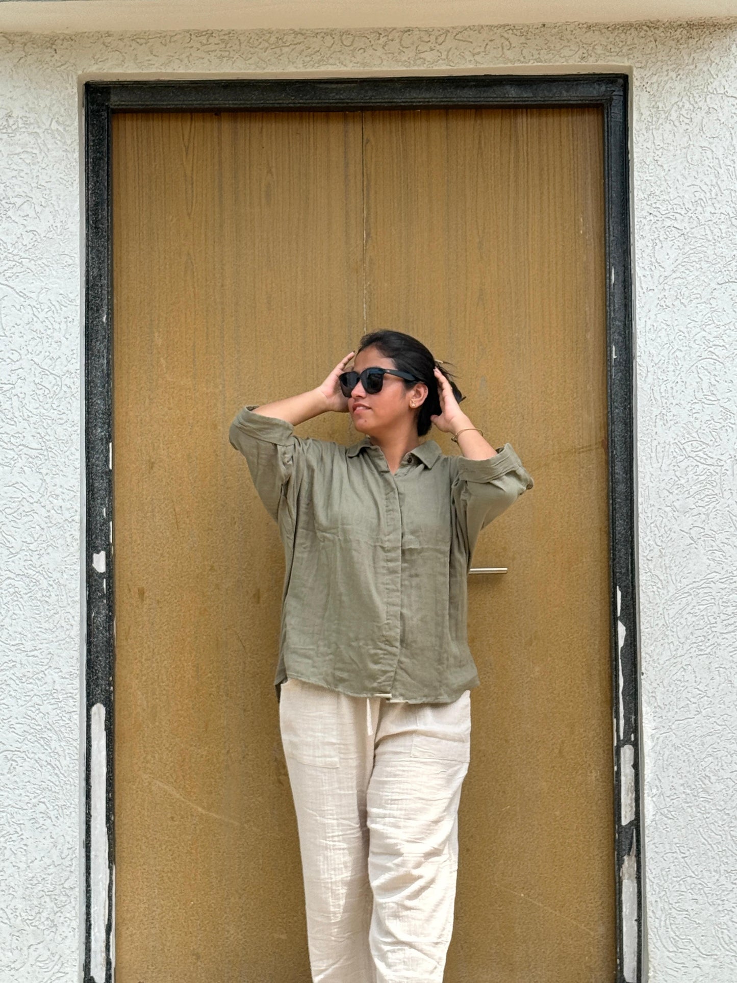 Double Gauze Relaxed Shirt - Olive Green ( Free Size )