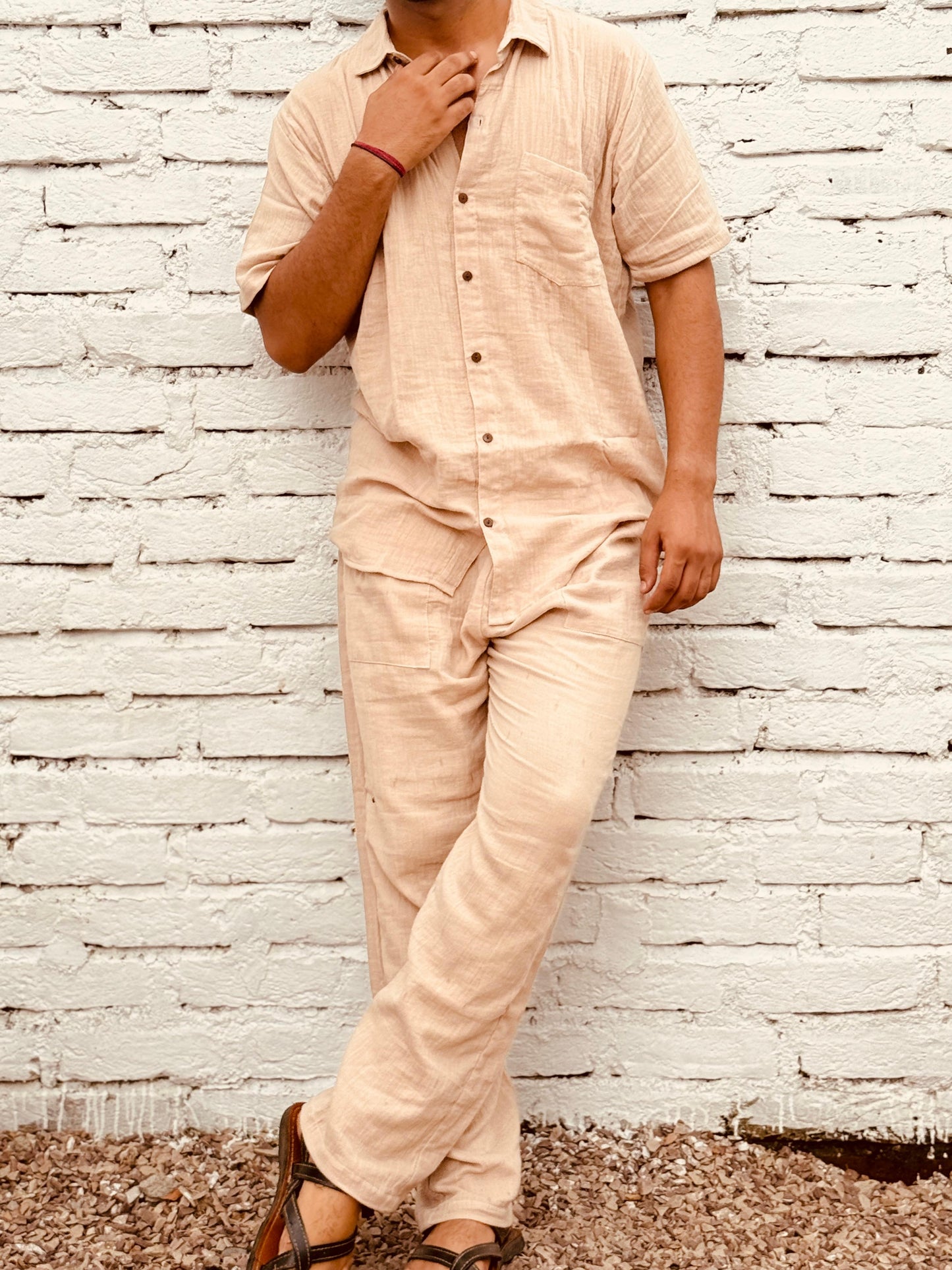 Double Gauze Cotton Men’s Co-ord Set – Beige (One Size)