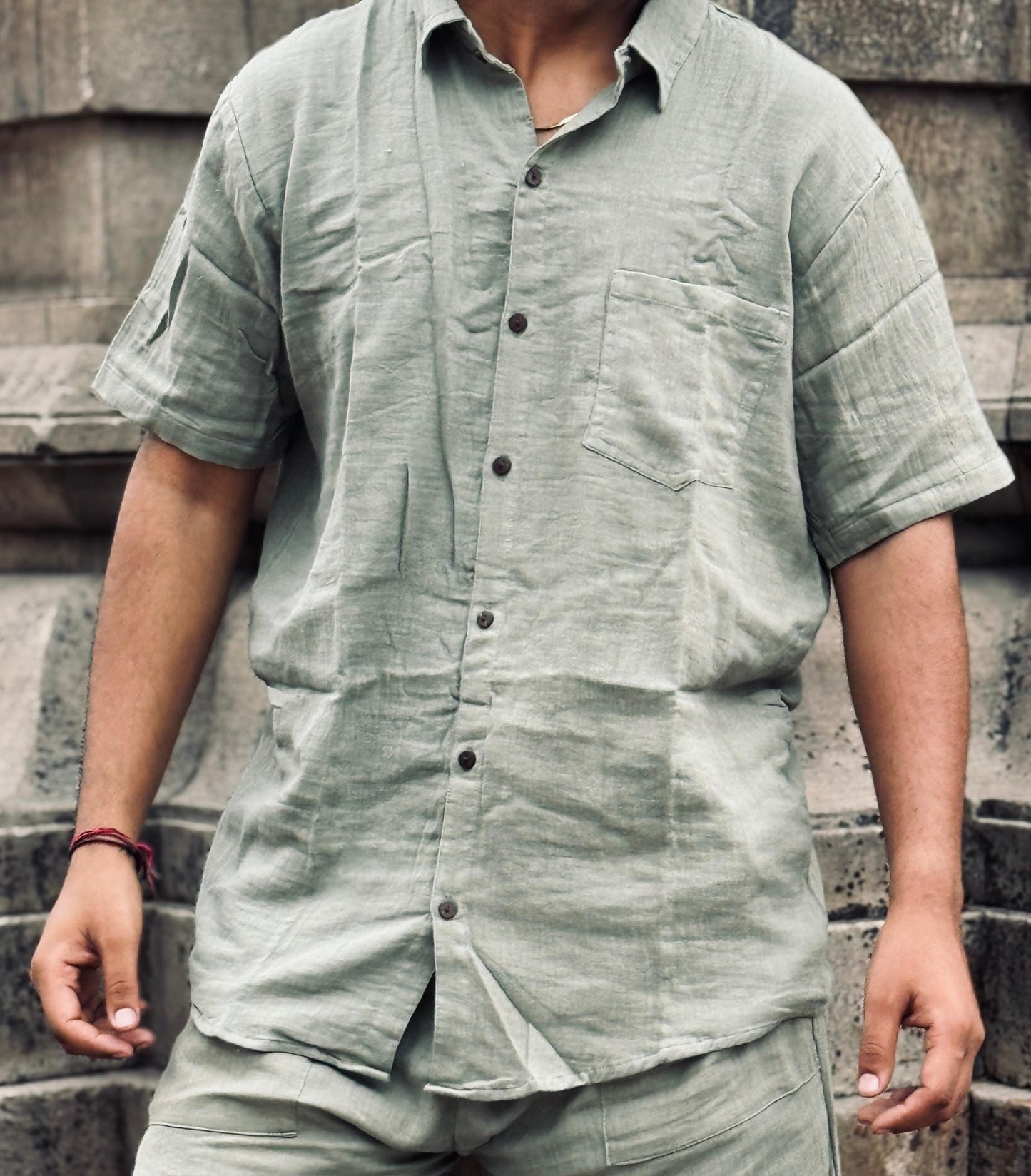 Double Gauze Cotton Men’s Co-ord Set – Sage Green (One Size)