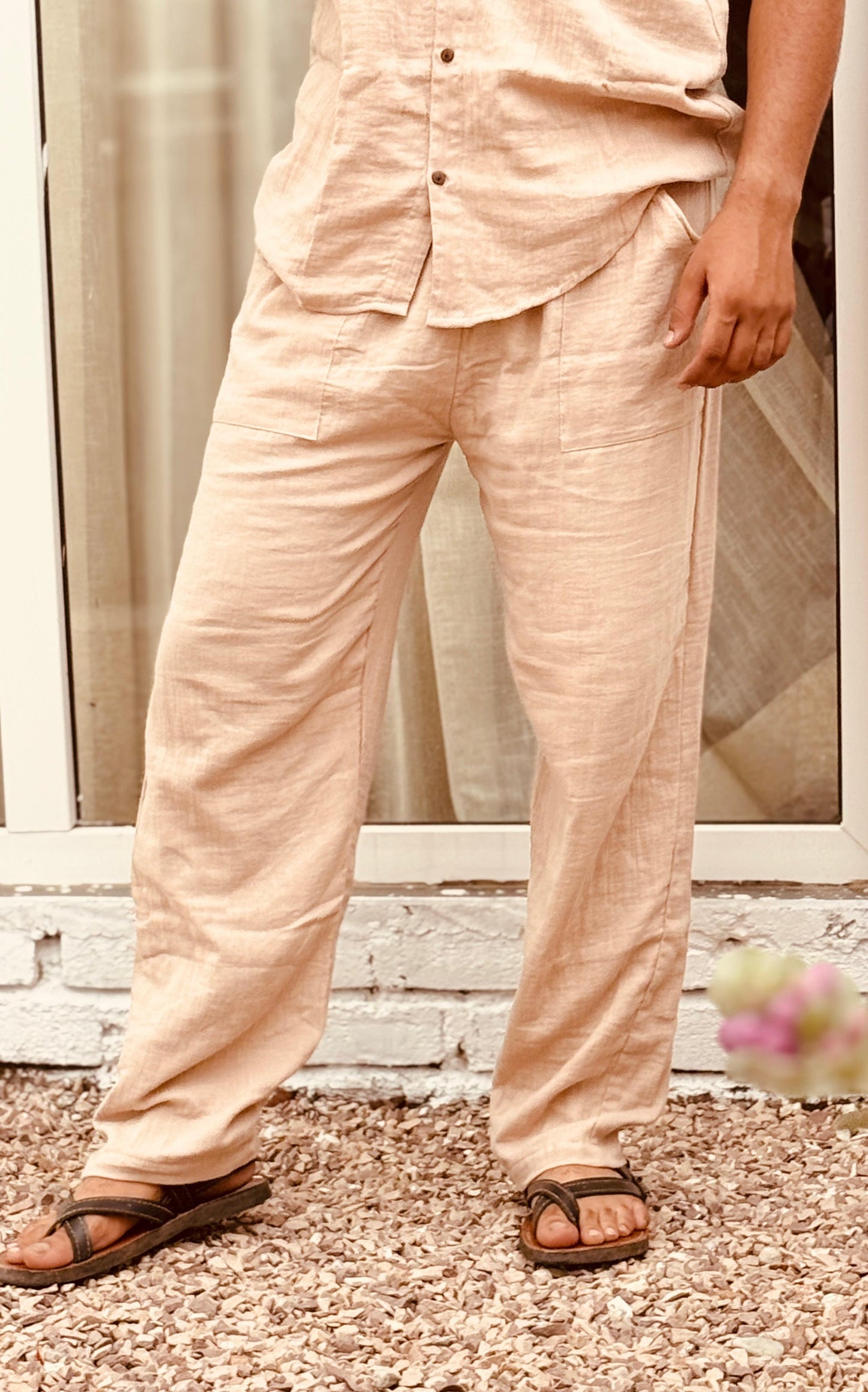 Double Gauze Cotton Men’s Co-ord Set – Beige (One Size)