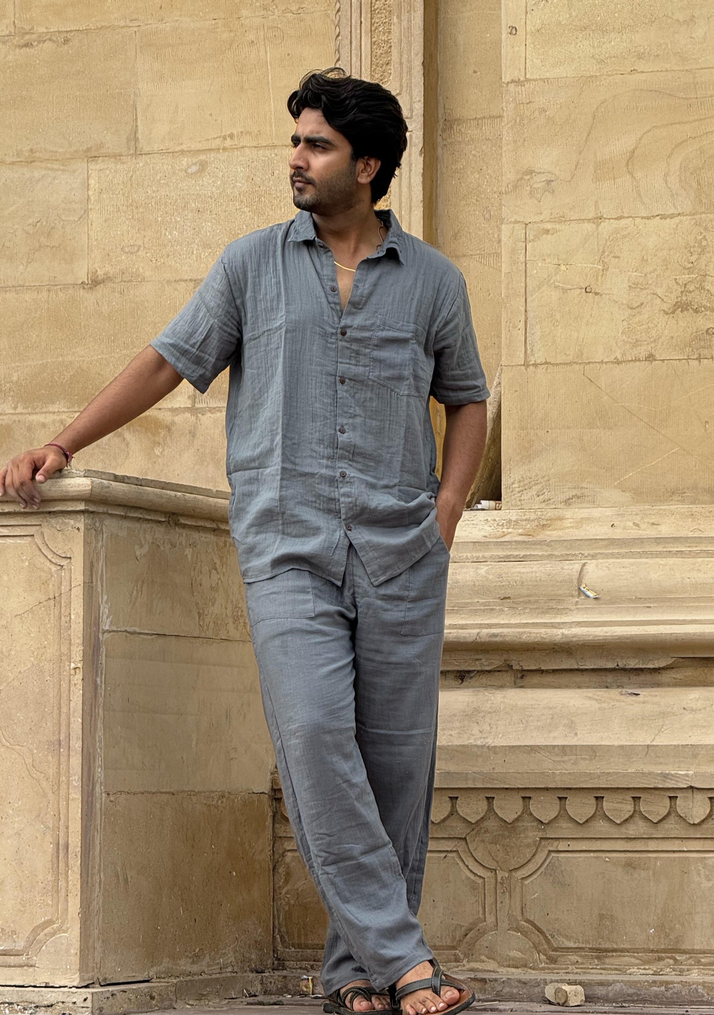 Double Gauze Cotton Men’s Co-ord Set – Dark Dusty Blue (One Size)