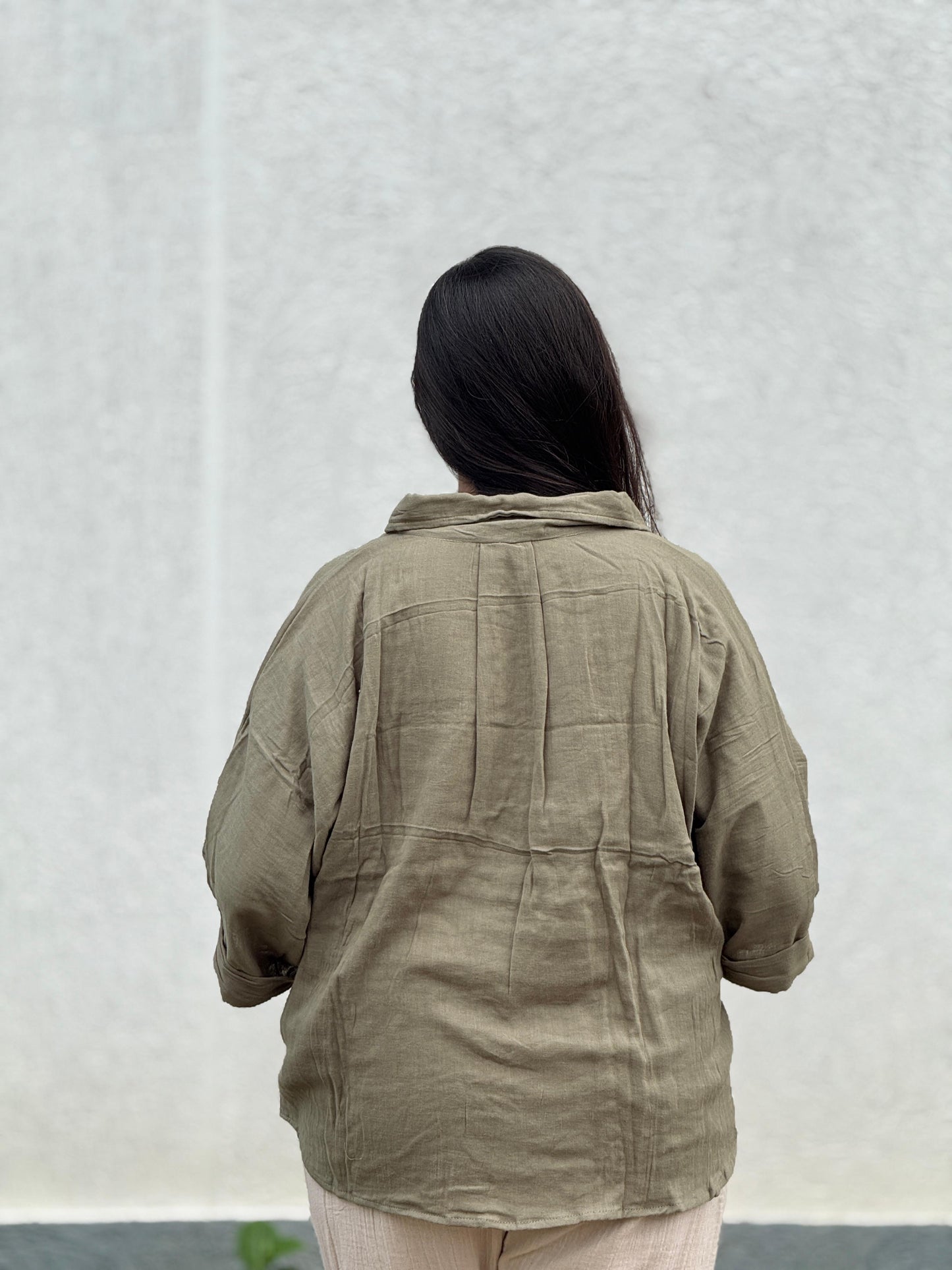 Double Gauze Relaxed Shirt - Olive Green ( Free Size )