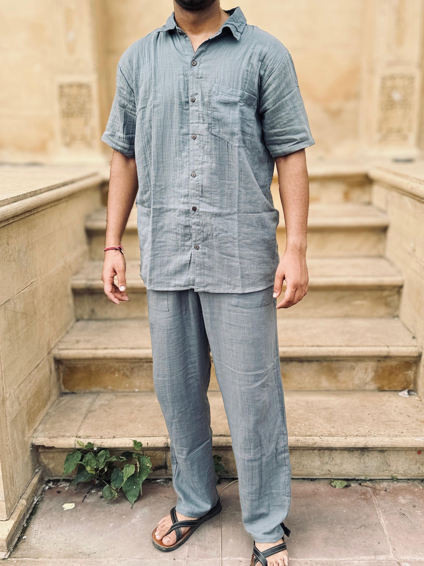 Double Gauze Cotton Men’s Co-ord Set – Dark Dusty Blue (One Size)