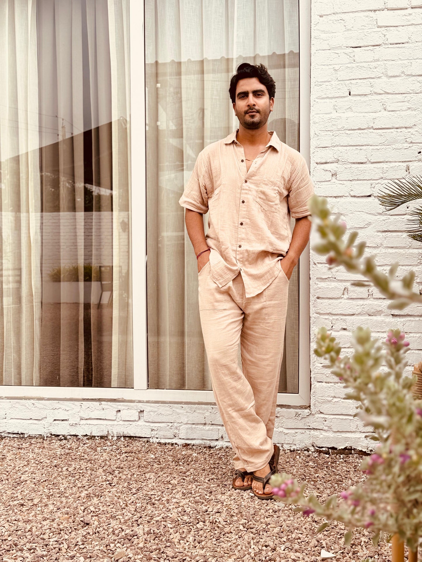 Double Gauze Cotton Men’s Co-ord Set – Beige (One Size)