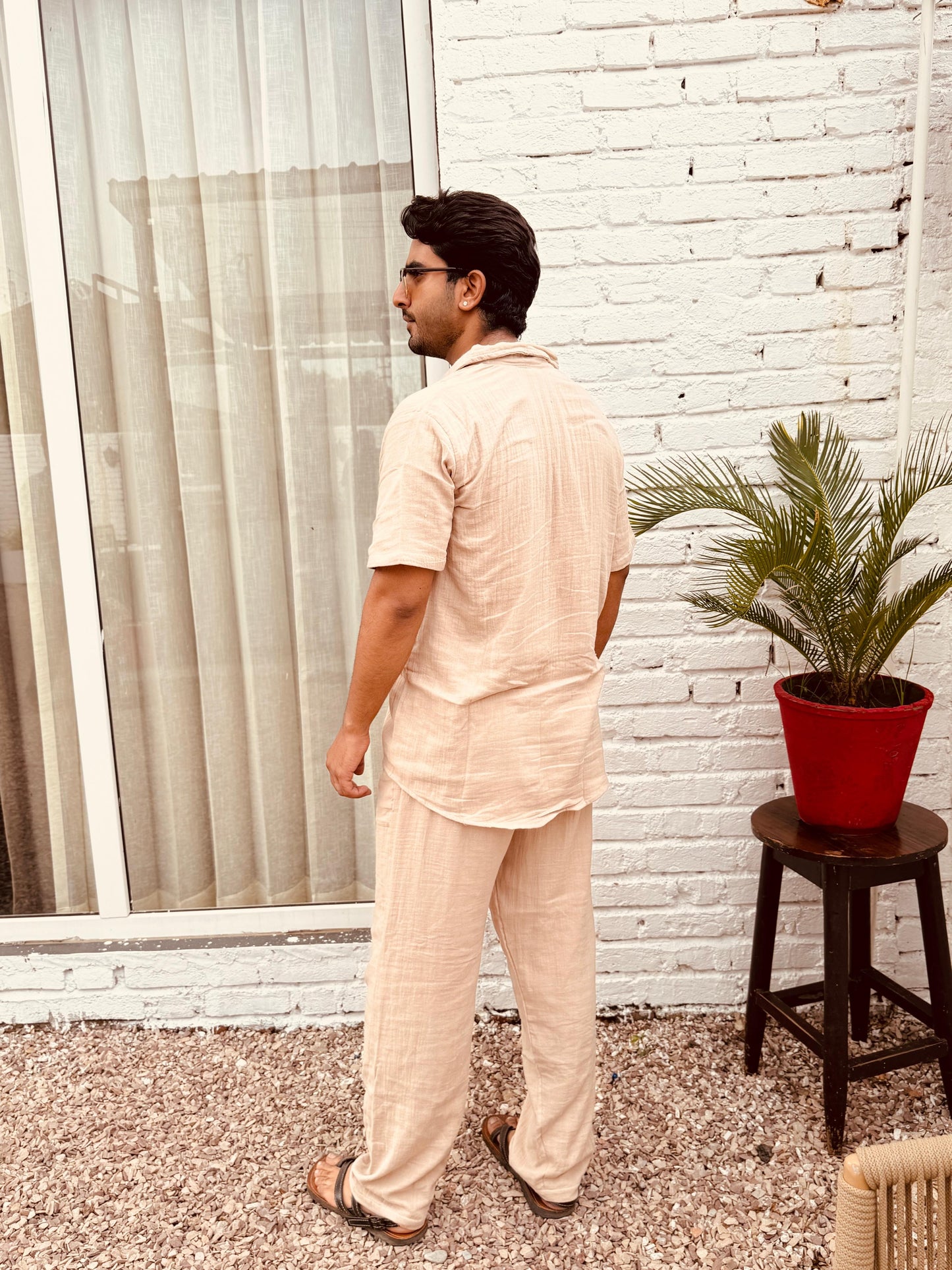 Double Gauze Cotton Men’s Co-ord Set – Beige (One Size)