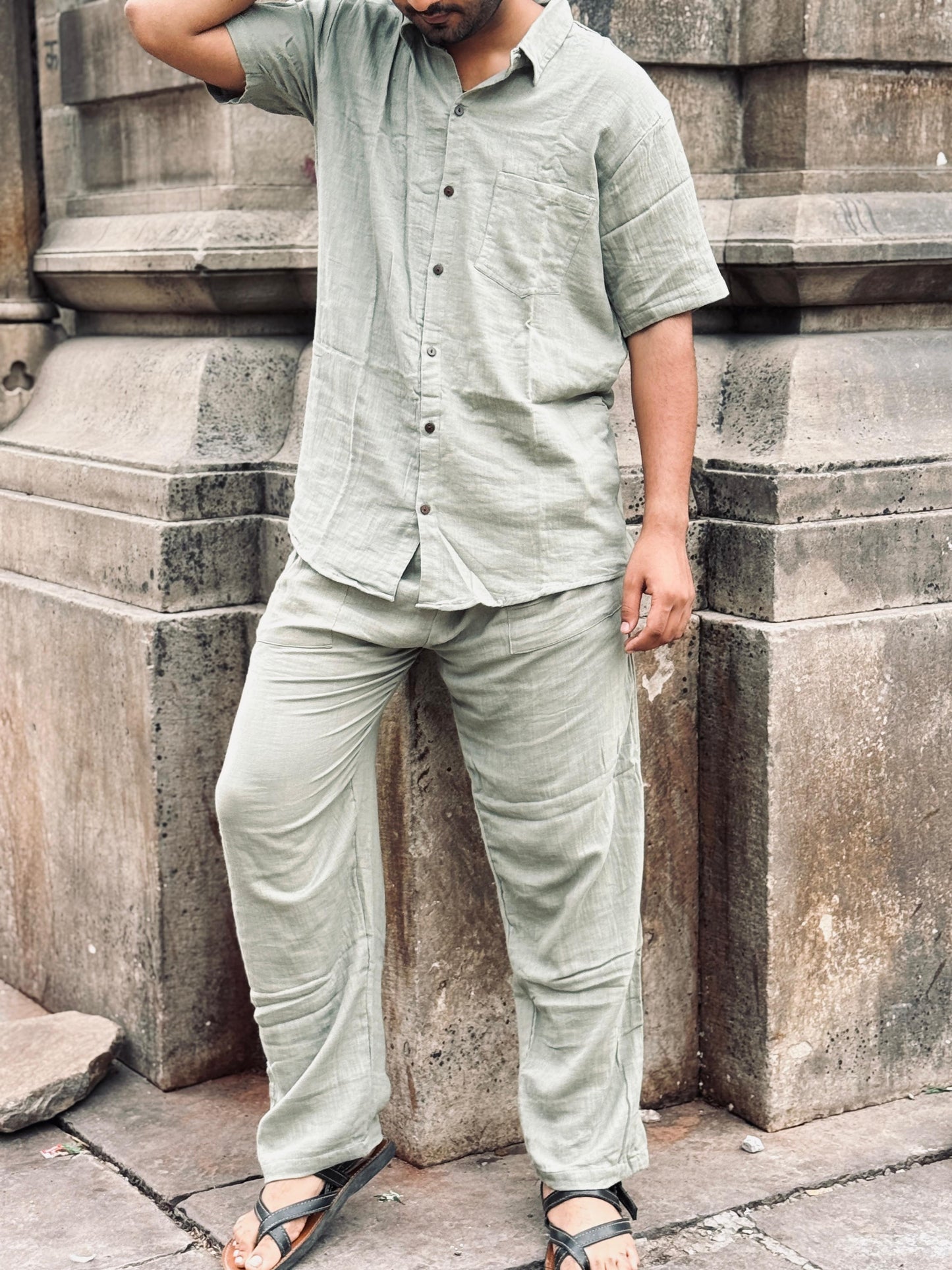 Double Gauze Cotton Men’s Co-ord Set – Sage Green (One Size)