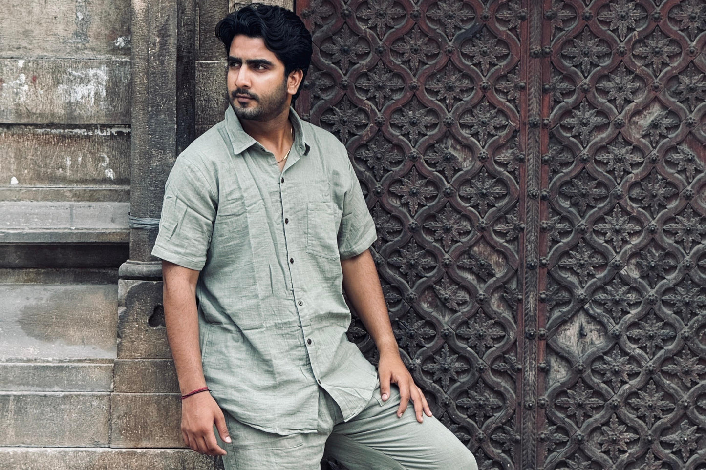 Double Gauze Cotton Men’s Co-ord Set – Sage Green (One Size)
