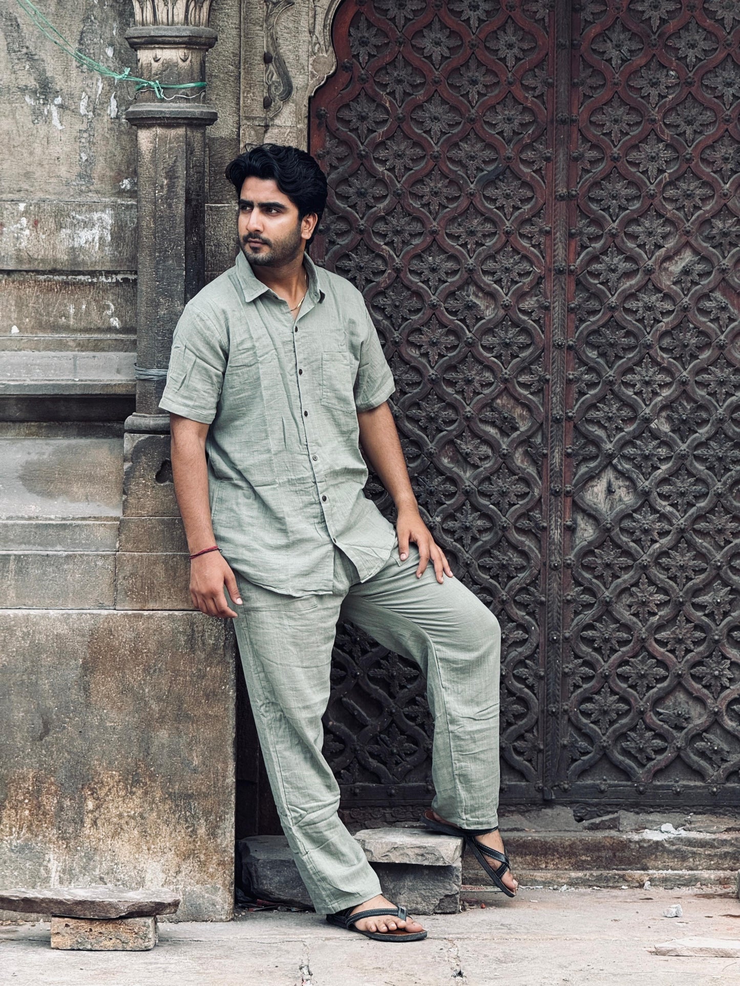 Double Gauze Cotton Men’s Co-ord Set – Sage Green (One Size)