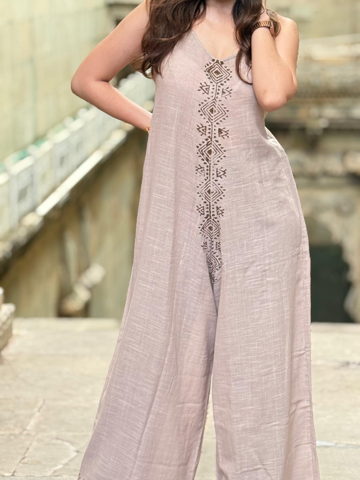 Dark Beige Block Print Jump Suit