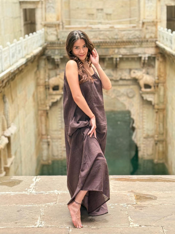 Linen Solid Long Dress Cacao (Dark brownish purple)