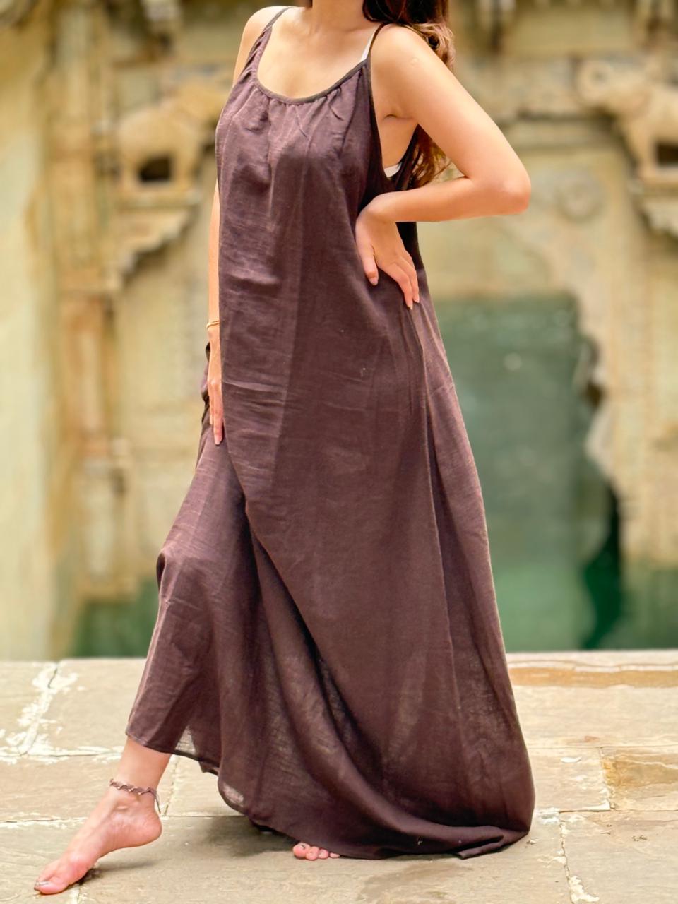 Linen Solid Long Dress Cacao (Dark brownish purple)