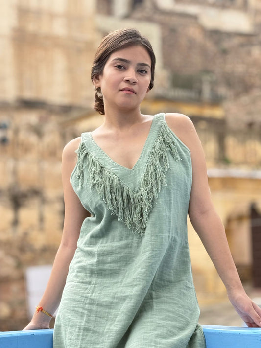 Sage Green Textured Fringe Dress