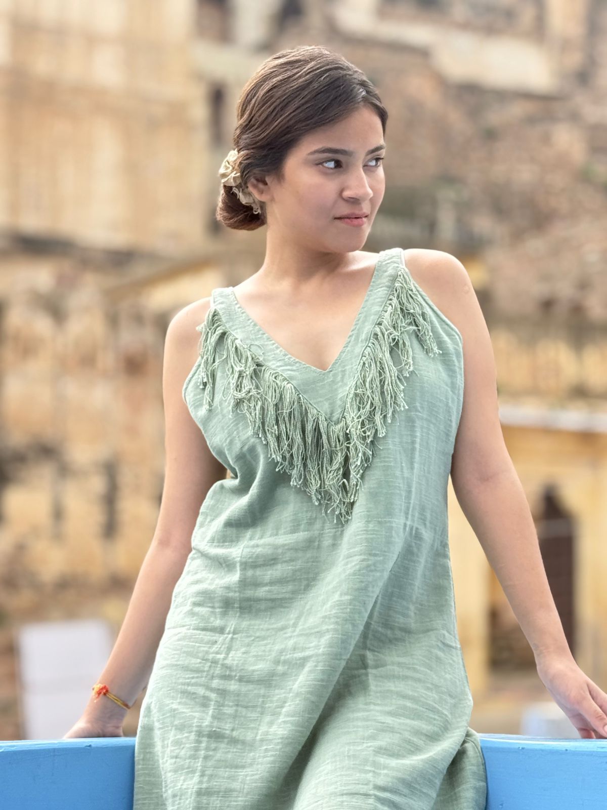 Sage Green Textured Fringe Dress