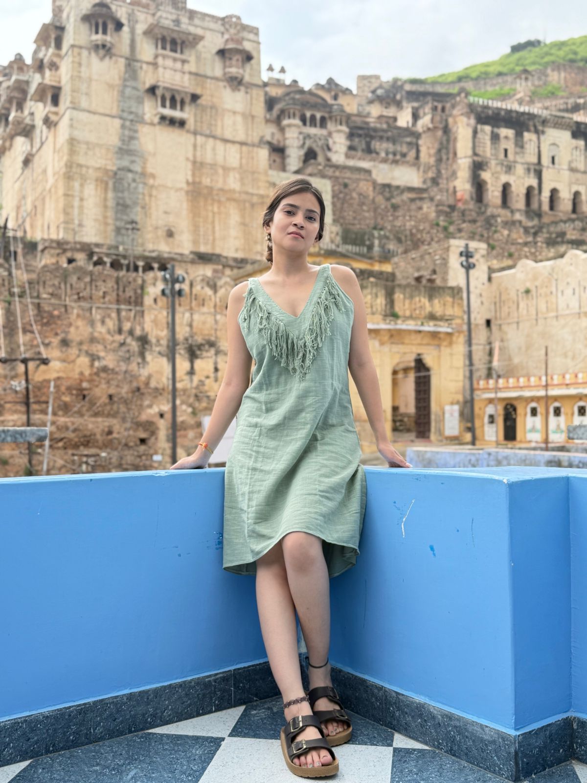 Sage Green Textured Fringe Dress