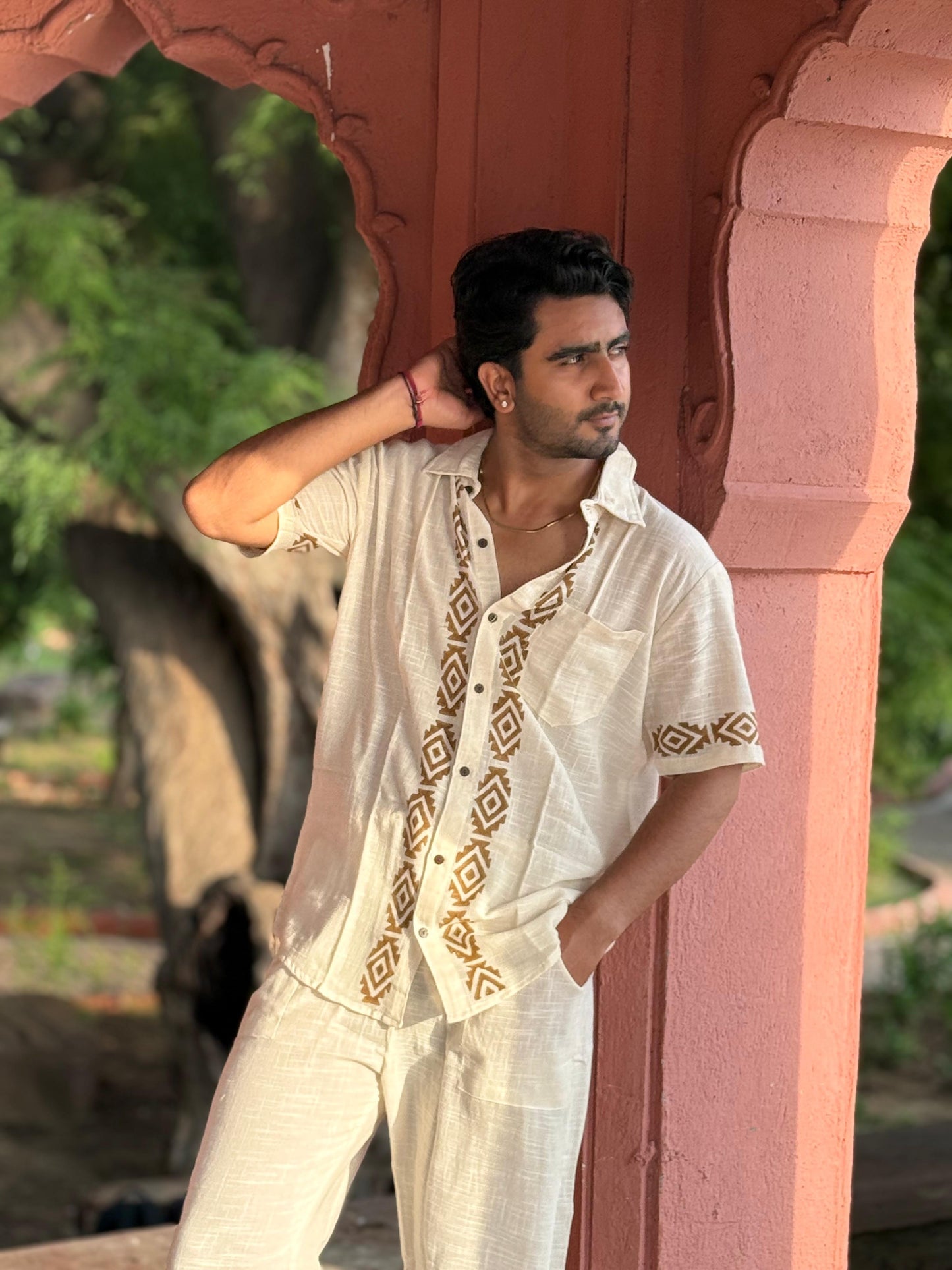Linen Natural Beige Shirt - Hand Block Print
