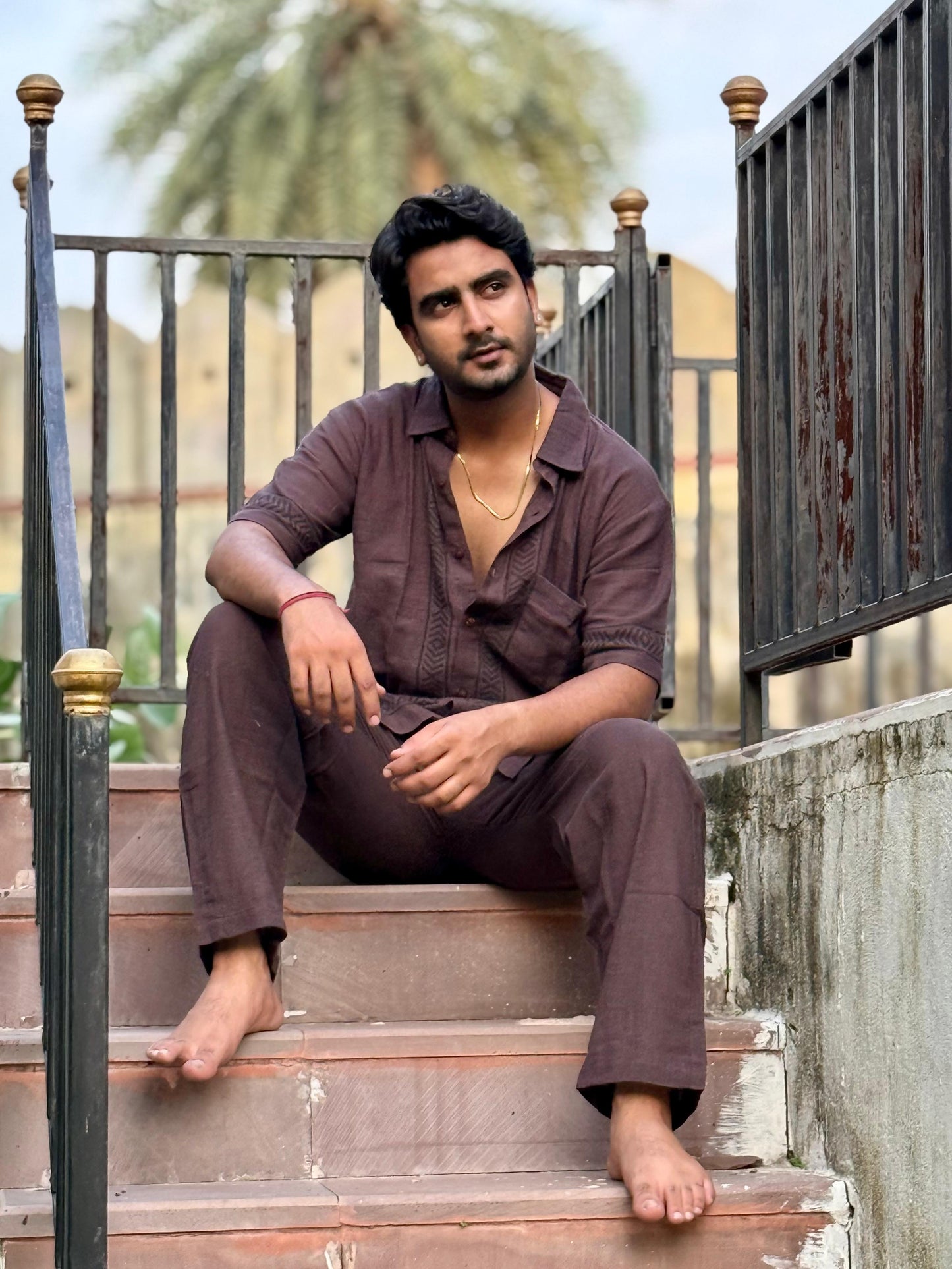 Linen Cacao Co-ord Set – Hand Block Printed