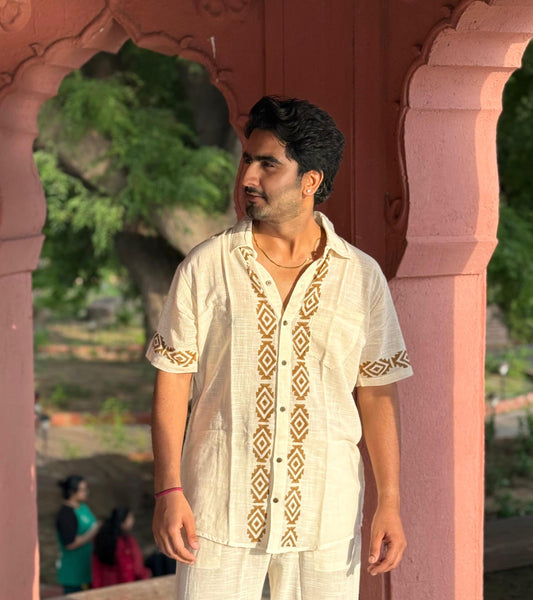 Linen Natural Beige Shirt - Hand Block Print