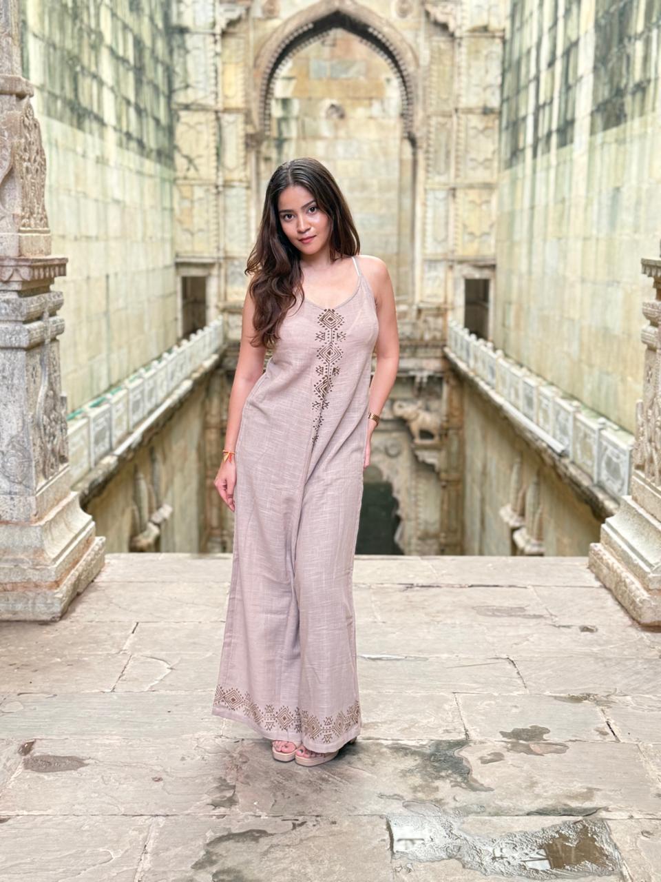 Dark Beige Block Print Jump Suit