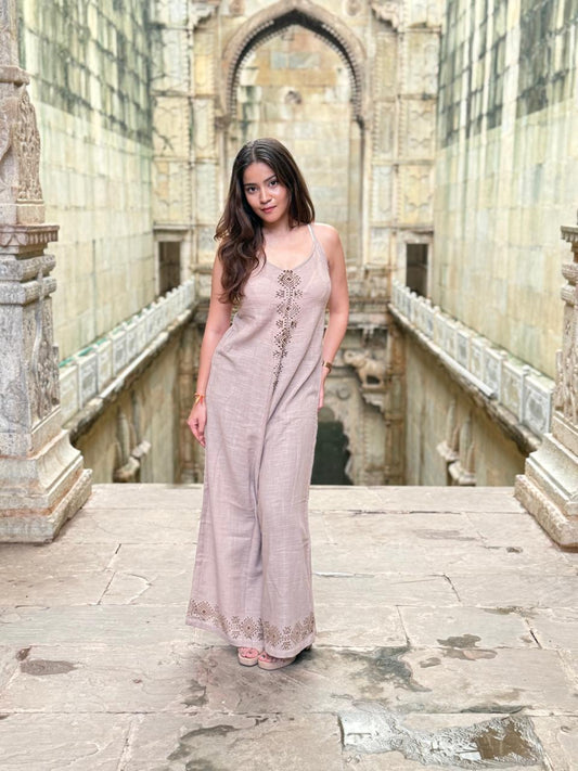 Dark Beige Block Print Jump Suit