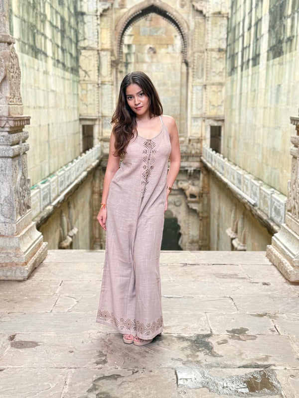 Dark Beige Block Print Jump Suit