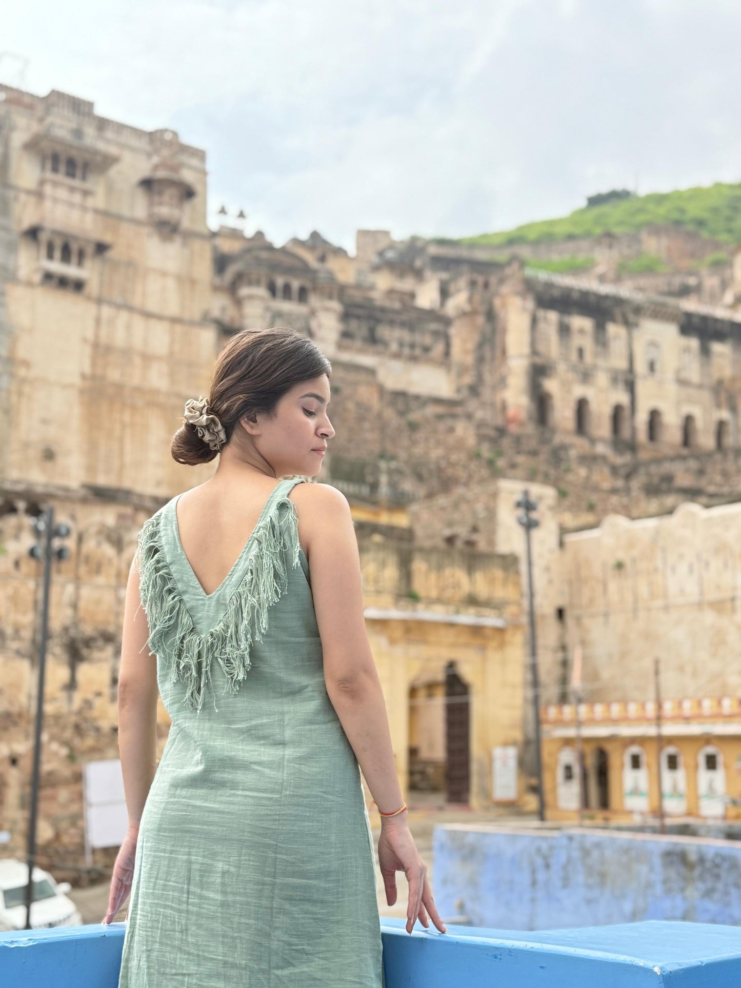 Sage Green Textured Fringe Dress