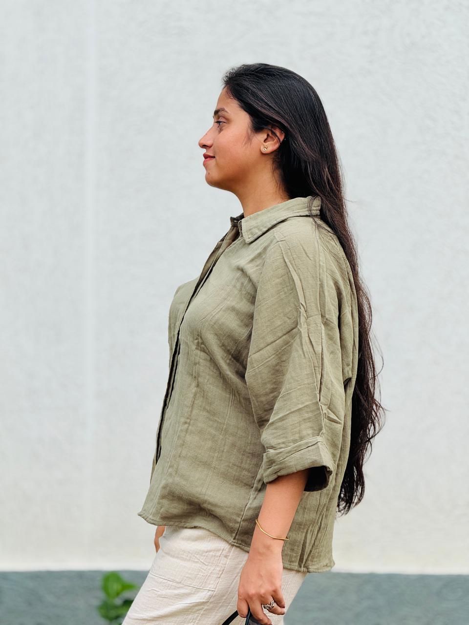 Double Gauze Relaxed Shirt - Olive Green ( Free Size )