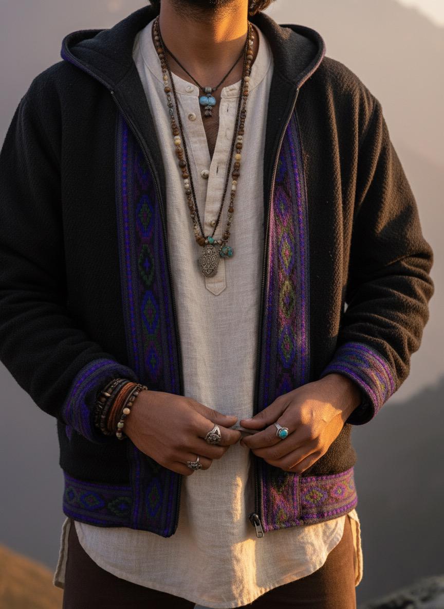 Boho Embroidered Cotton Jacket | Handmade Winter Wear | Black