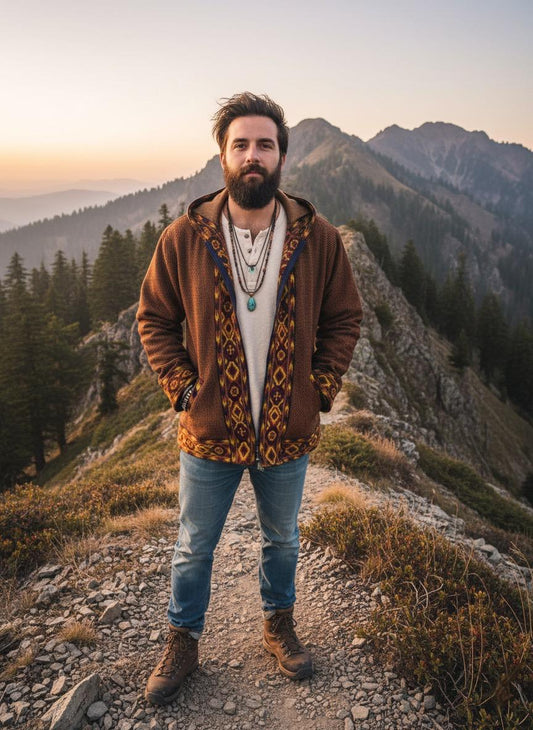 Boho Embroidered Cotton Jacket | Handmade Winter Wear | Rustic Brown