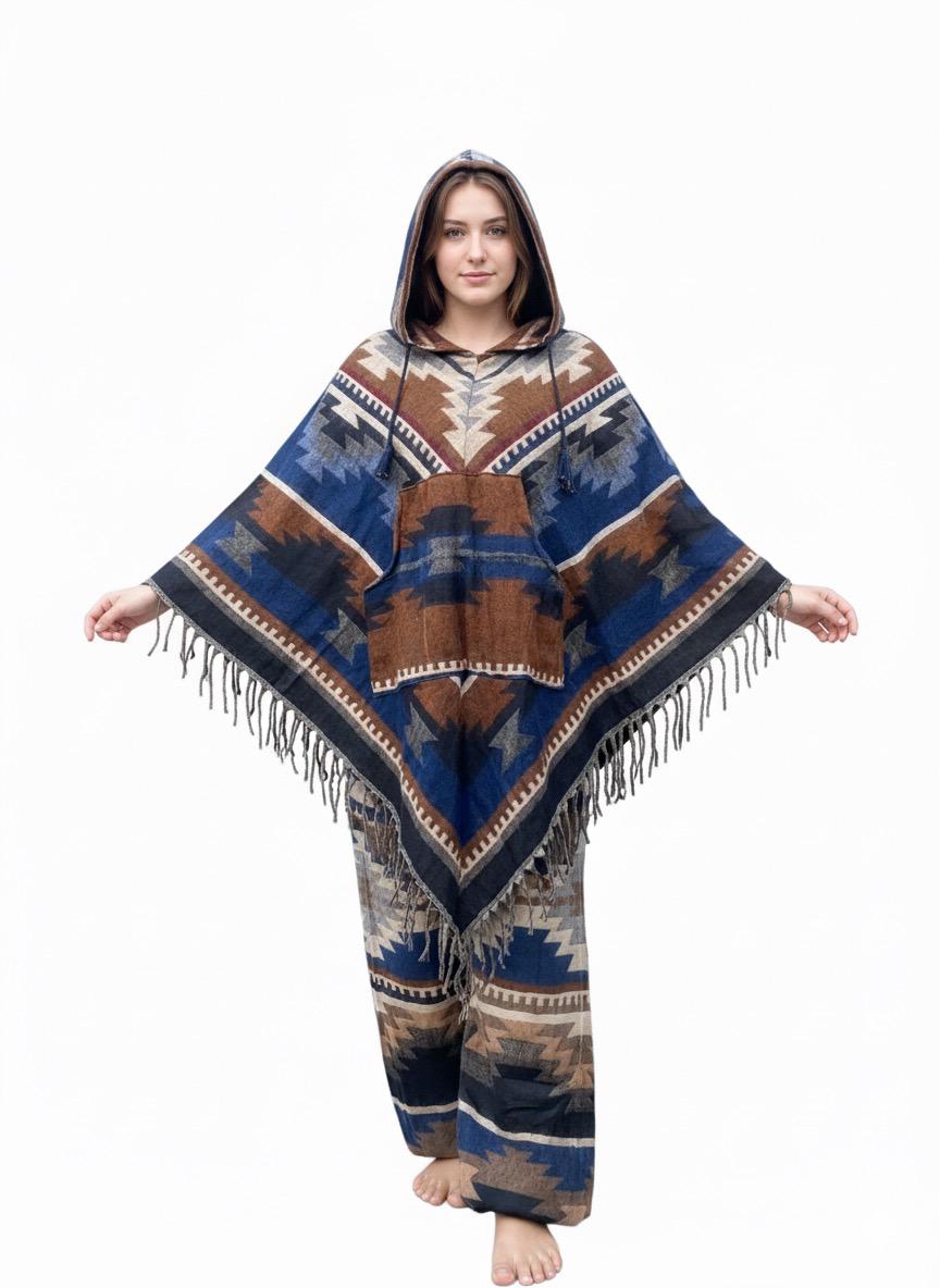 Aztec Horizon - Unisex Tribal Print Woolen Poncho Co-ord Set