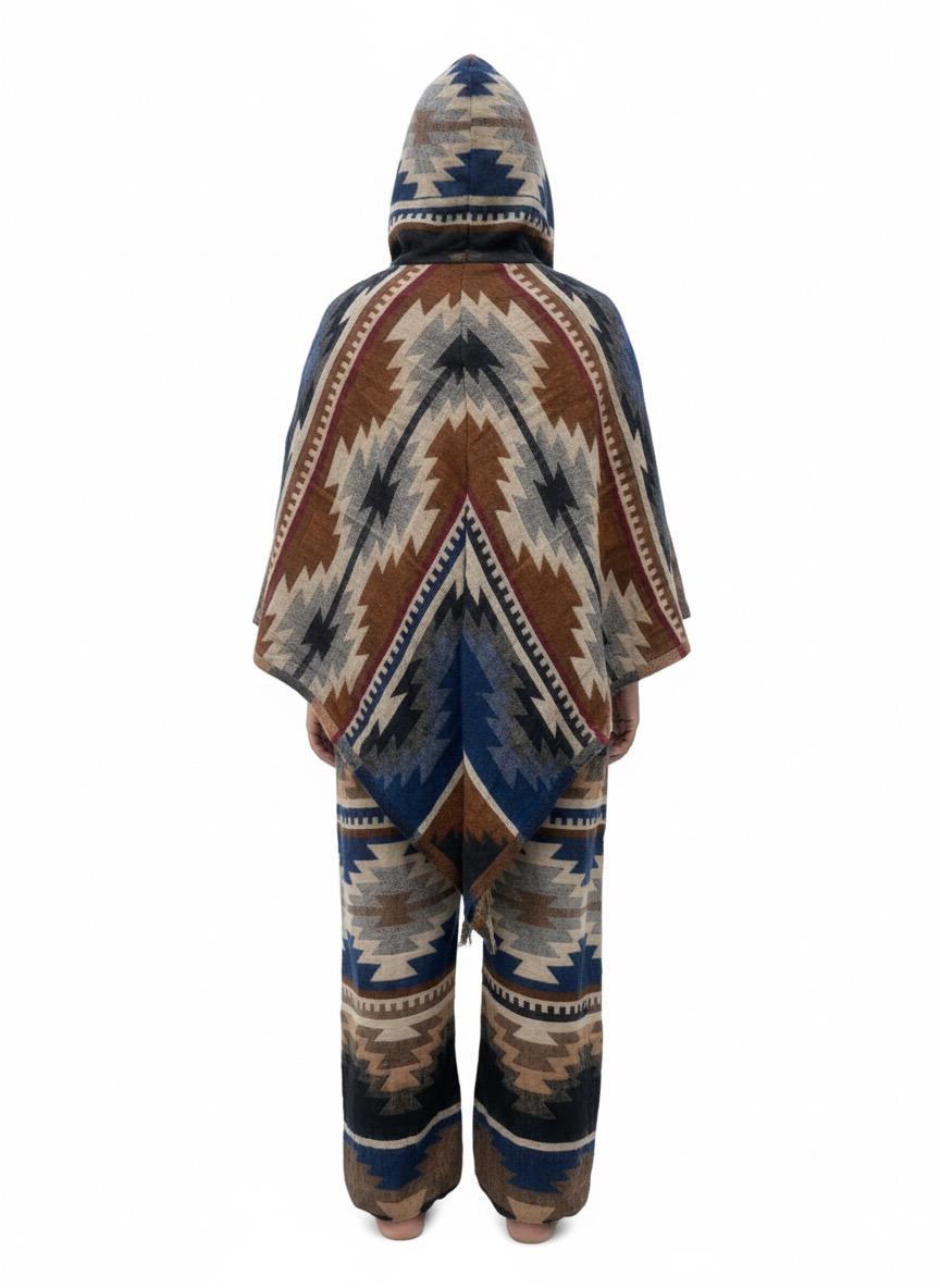 Aztec Horizon - Unisex Tribal Print Woolen Poncho Co-ord Set