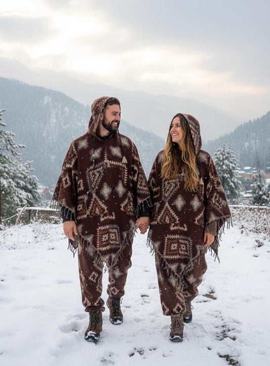 Nomad Spirit - Unisex Tribal Print Woolen Poncho Co-ord Set