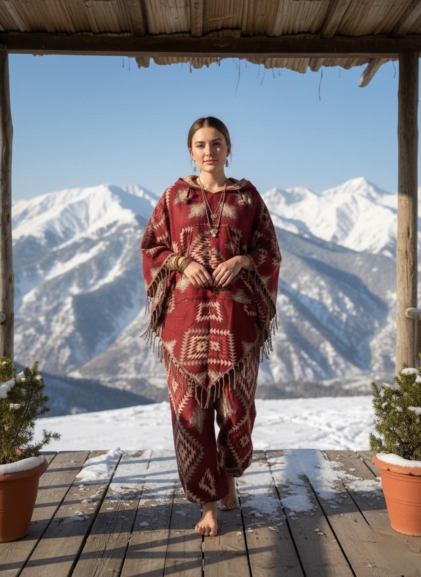 Wild Soul - Unisex Tribal Print Woolen Poncho Co-ord Set