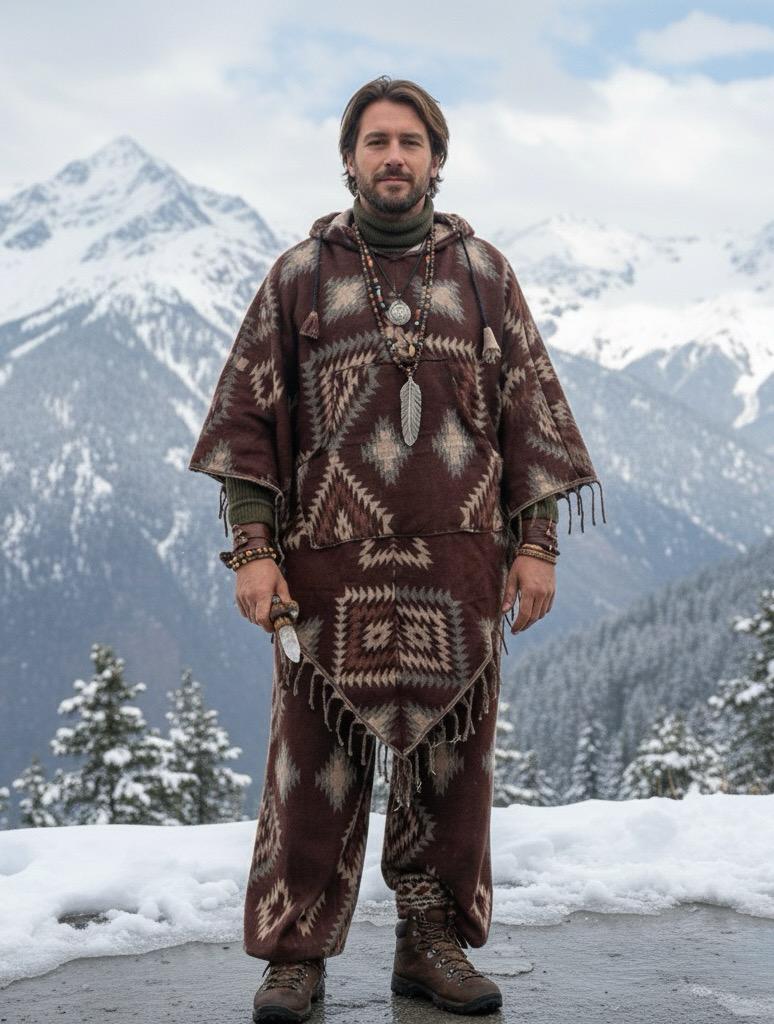 Nomad Spirit - Unisex Tribal Print Woolen Poncho Co-ord Set