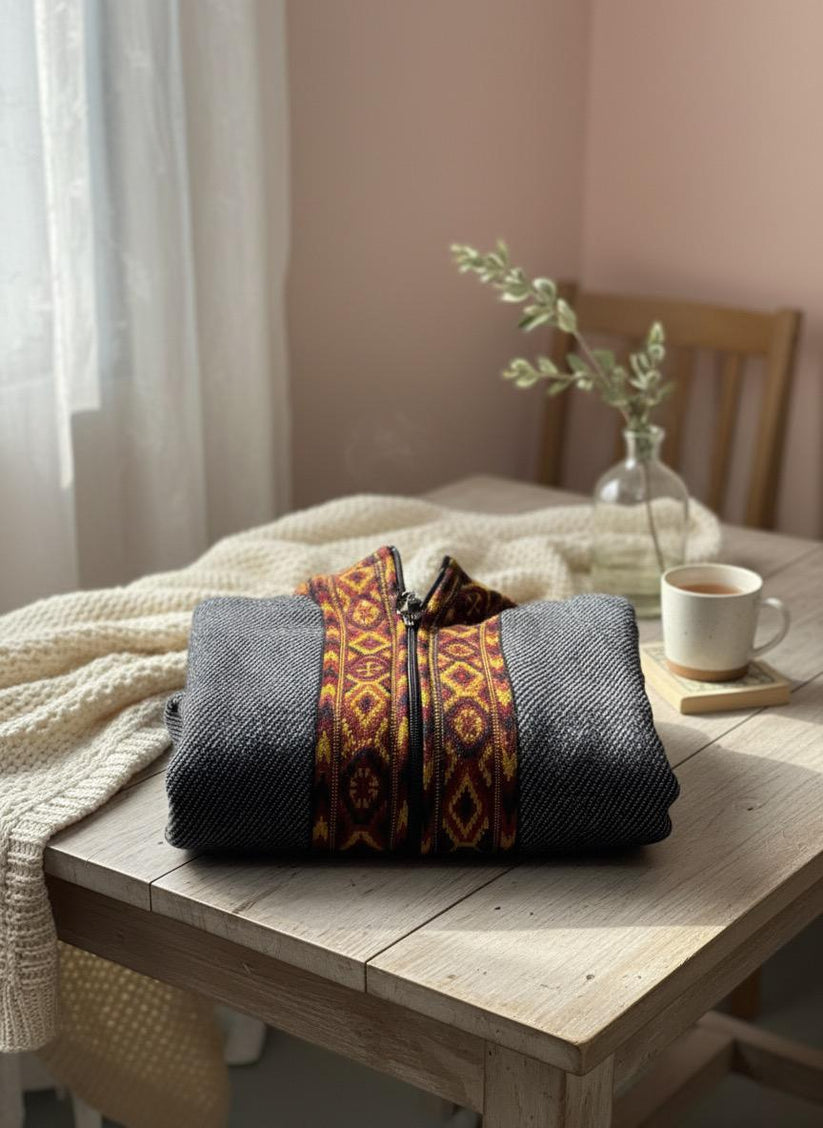 Boho Embroidered Cotton Jacket | Handmade Winter Wear | Deep Charcoal - Image 4