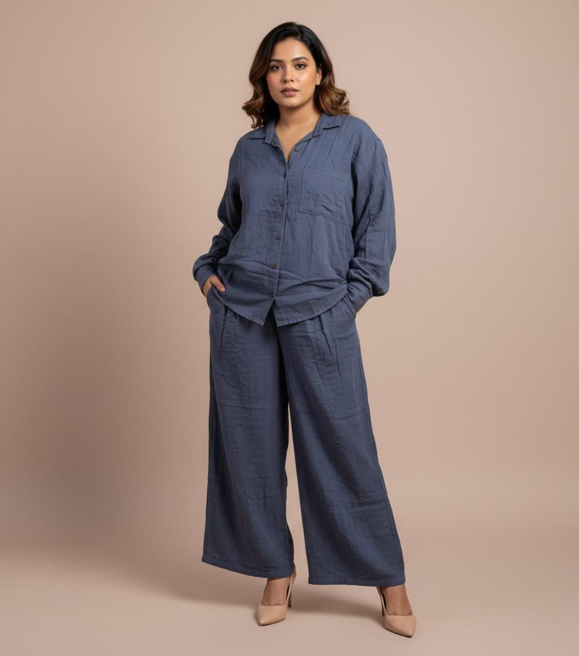 Dark Dusky Blue Double Gauze Cotton Co-Ord Set (Free Size)