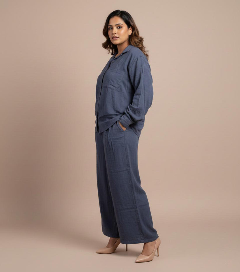 Dark Dusky Blue Double Gauze Cotton Co-Ord Set (Free Size) - Image 4