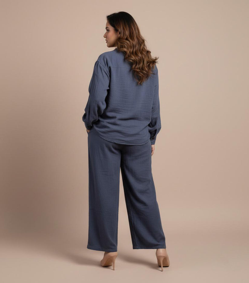 Dark Dusky Blue Double Gauze Cotton Co-Ord Set (Free Size) - Image 3
