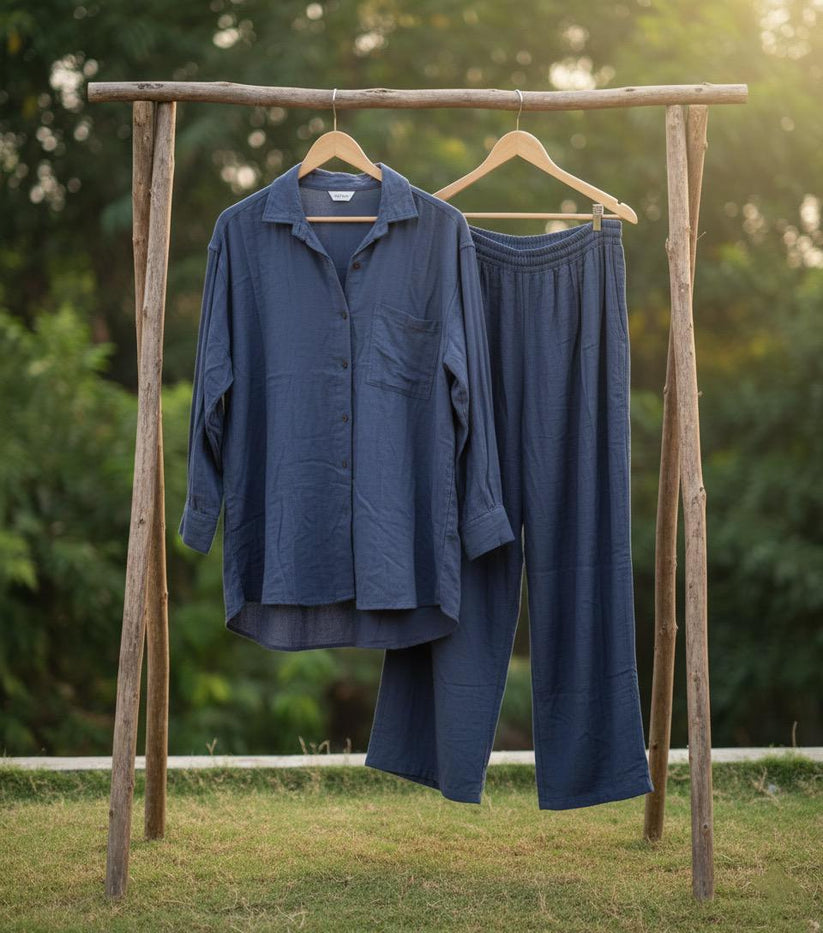 Dark Dusky Blue Double Gauze Cotton Co-Ord Set (Free Size) - Image 2