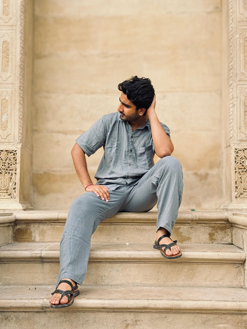 Double Gauze Cotton Men’s Co-ord Set – Dark Dusty Blue (One Size)