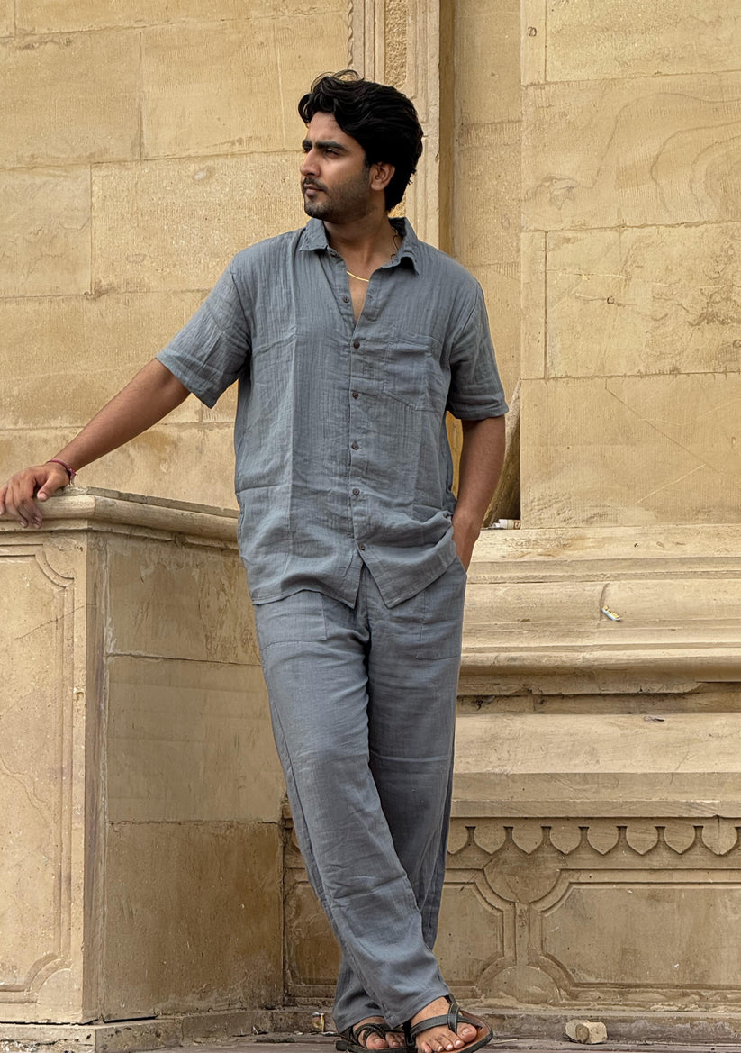 Double Gauze Cotton Men’s Co-ord Set – Dark Dusty Blue (One Size) - Image 5