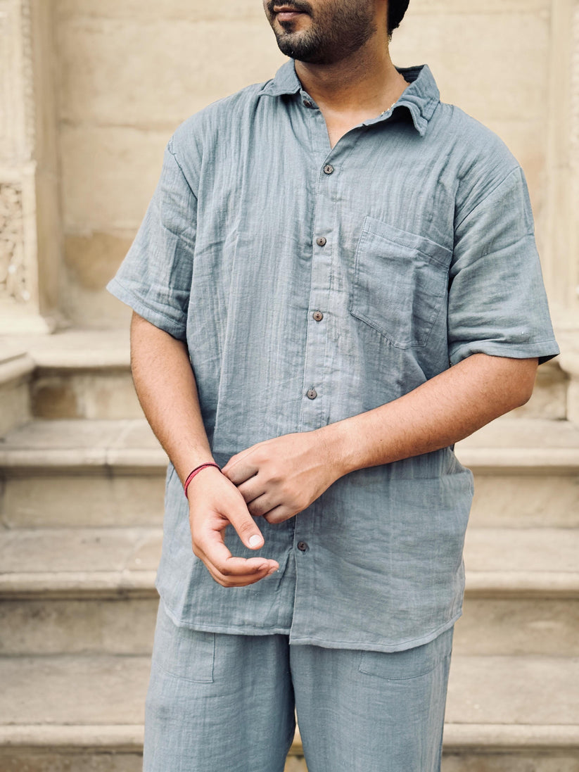 Double Gauze Cotton Men’s Co-ord Set – Dark Dusty Blue (One Size) - Image 3