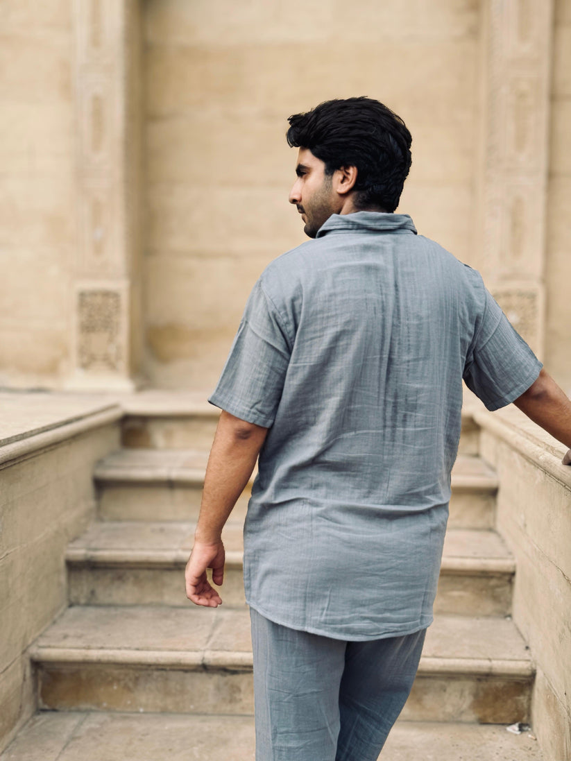 Double Gauze Cotton Men’s Co-ord Set – Dark Dusty Blue (One Size) - Image 2