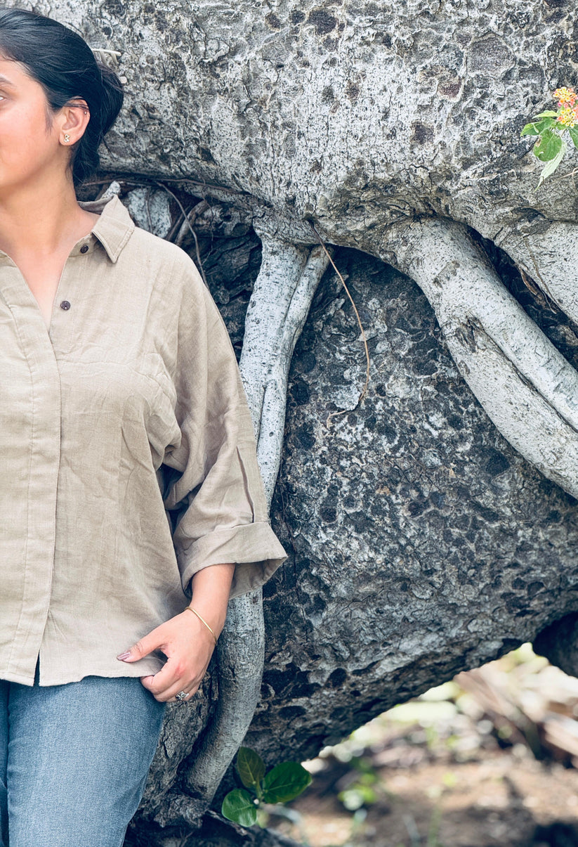 Double Gauze Cotton Relaxed fit Shirt – khaki (Free Size) - Image 3