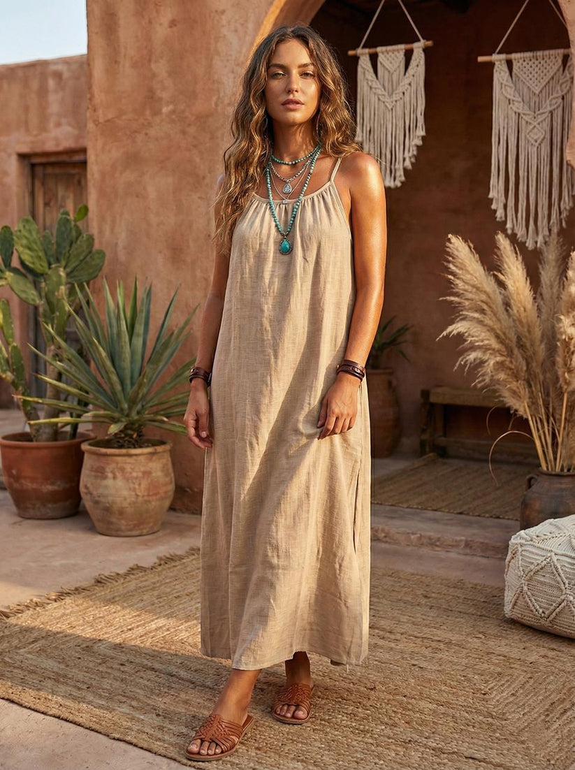 Moon Sand Beige Linen Cotton Maxi Dress | Flowy Boho Summer Dress | Loose Comfortable Maxi