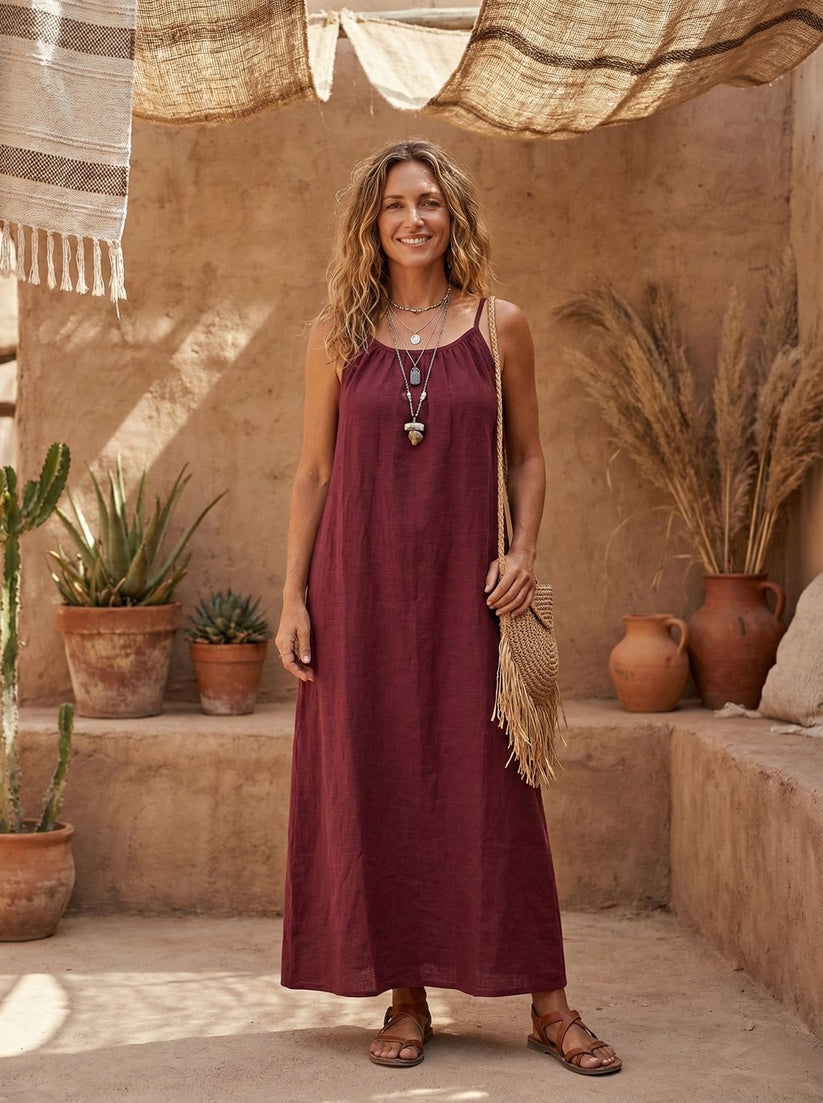 Mulberry Dusk Linen Cotton Maxi Dress | Boho Flowy Summer Dress | Loose Comfortable Maxi