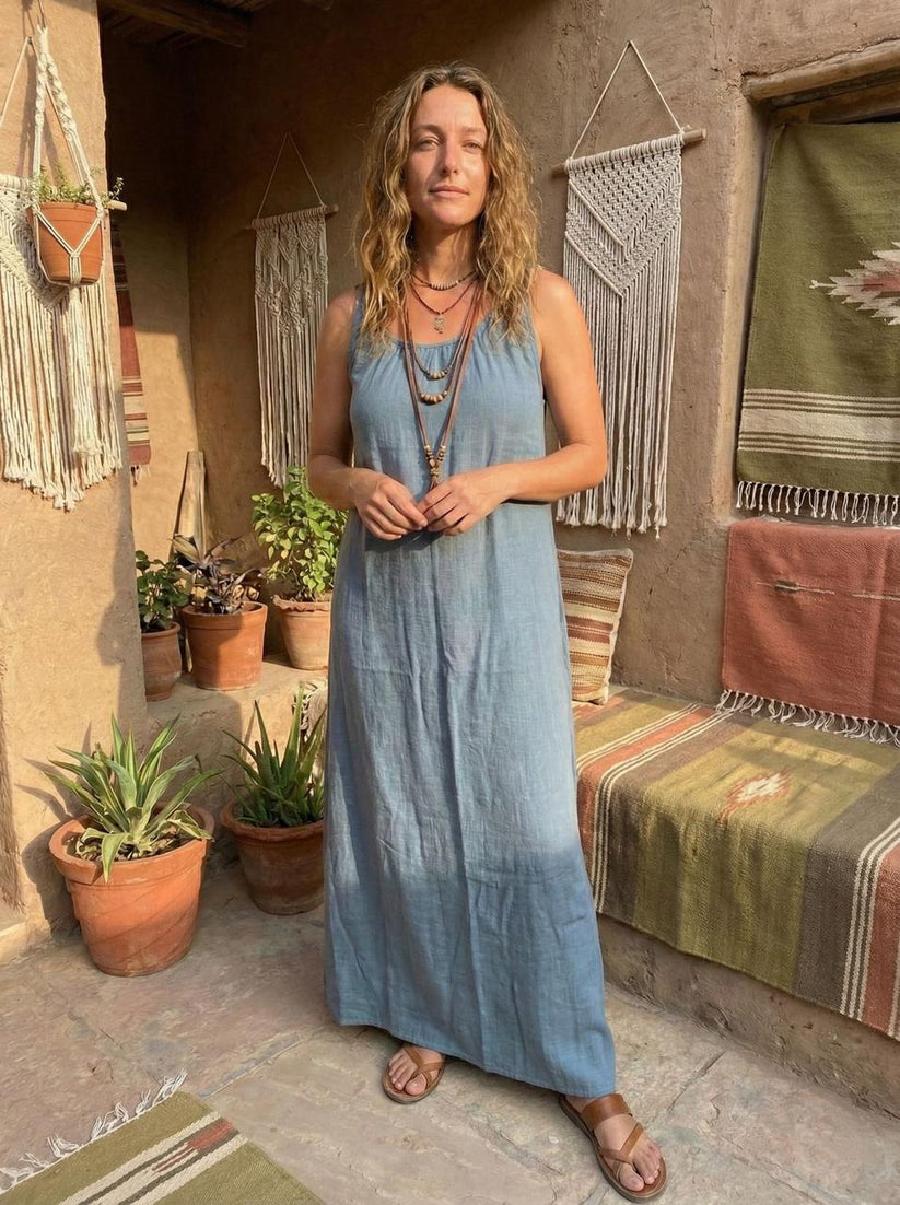River Mist Linen Cotton Maxi Dress | Boho Flowy Summer Dress | Loose Comfortable Maxi